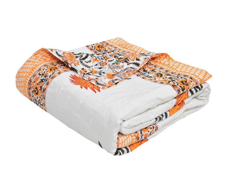 AARMOZY Hand Block Quilt Cotton Double Bed Jaipur Razai Floral Print Orange 90X108 INCHE - Image 2