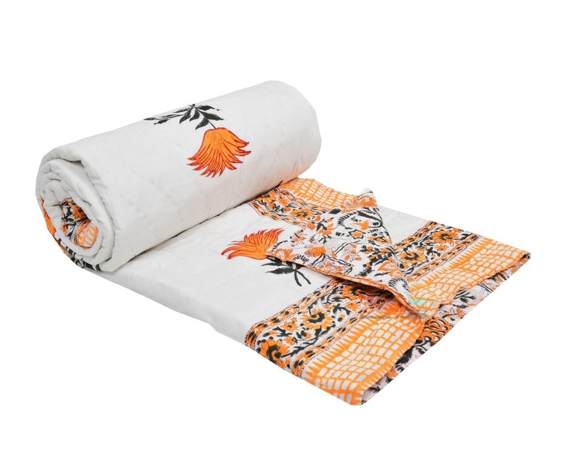AARMOZY Hand Block Quilt Cotton Double Bed Jaipur Razai Floral Print Orange 90X108 INCHE - Image 1