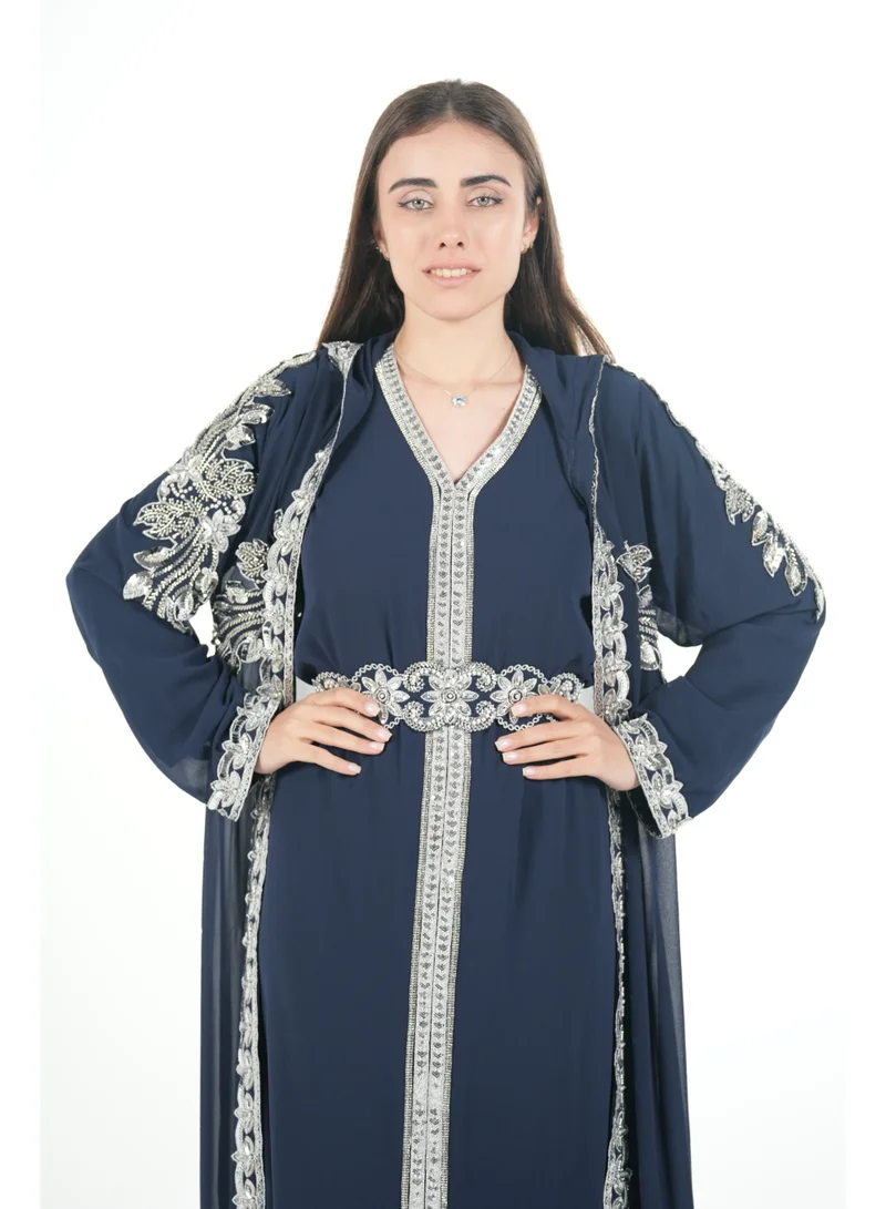 Al Bent Al Sharqieh Navy Blue embroidered kaftan dress jalabia for Women | Best Price UAE