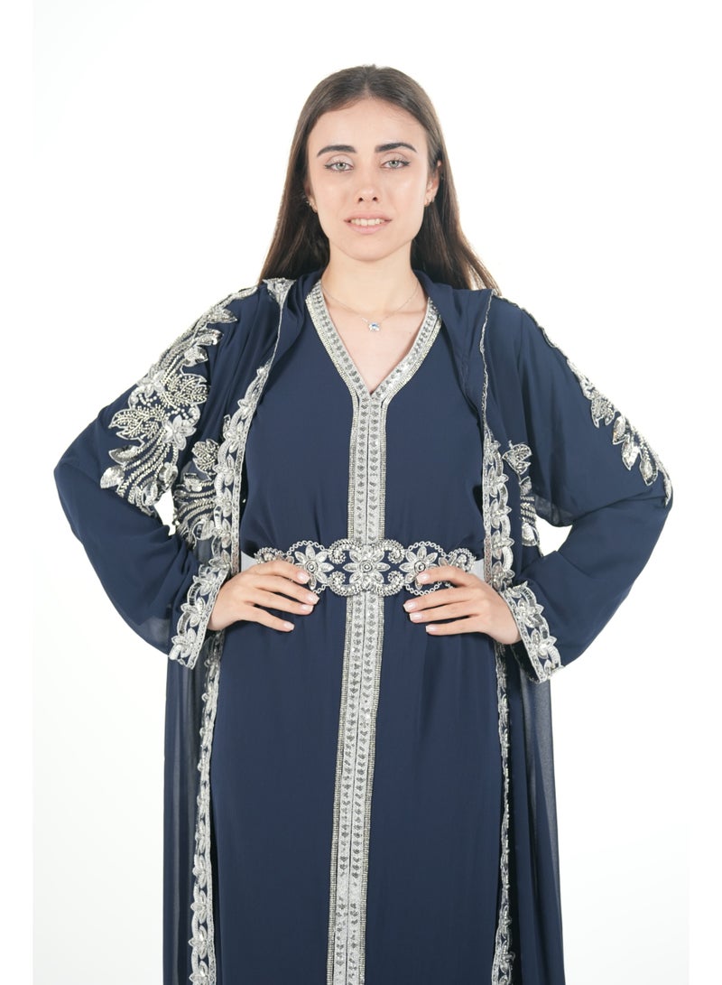 البنت الشرقية قفطان مغربي مطرز مع حزام على الخسر فستان - Image 3