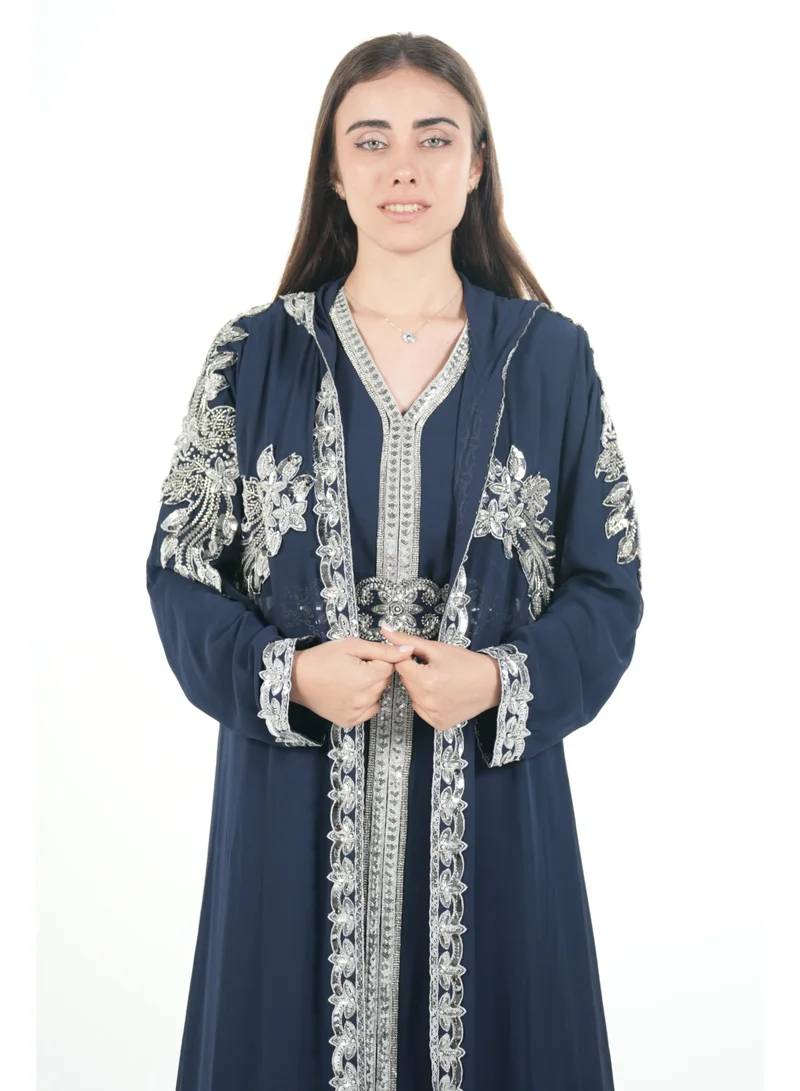 Al Bent Al Sharqieh Navy Blue embroidered kaftan dress jalabia for Women | Best Price UAE