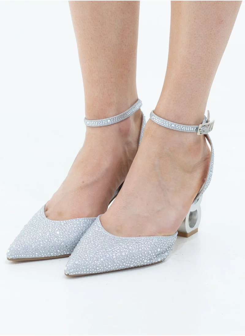 LAMARAPARIS Adweta diamante open waist pointy on 7.5cm 2 circ heel rose silver