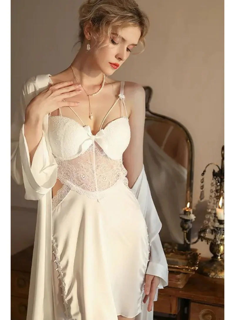 Caprisious Women's Silk Satin Nightgown Set - Elegant V-Neck, Lace Stripe Lingerie Sleepwear for Comfortable and Luxurious without Robe