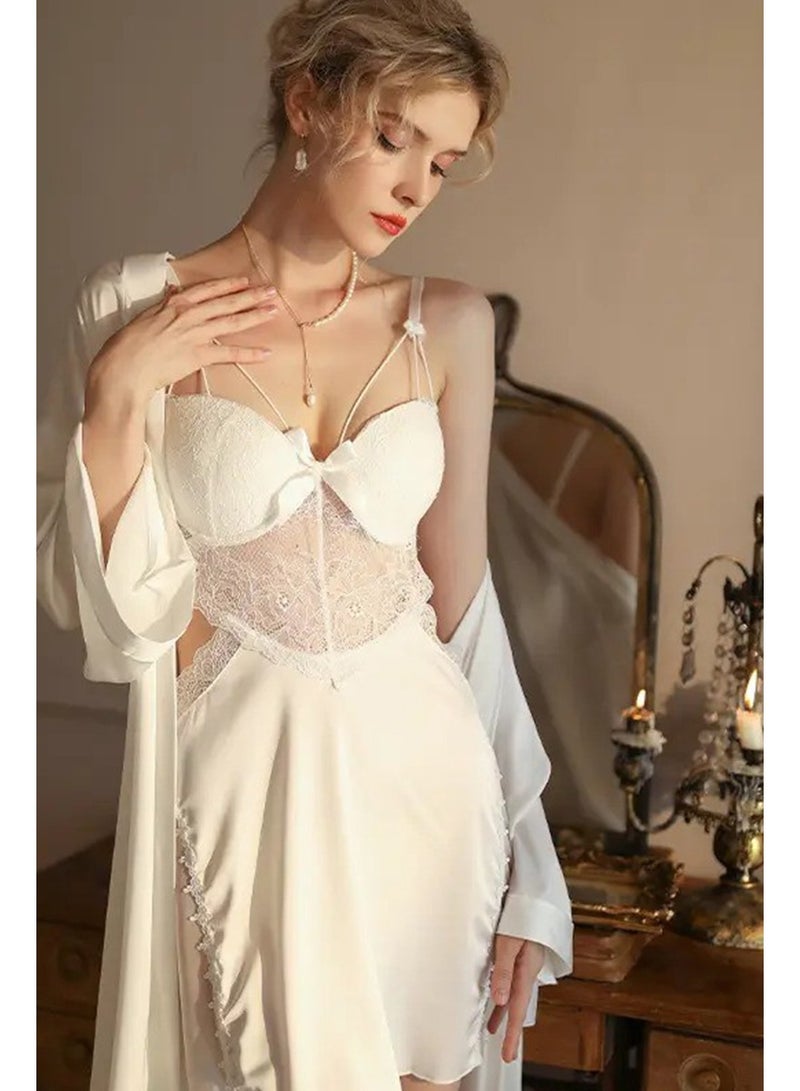 Caprisious Women's Silk Satin Nightgown Set - Elegant V-Neck, Lace Stripe Lingerie Sleepwear for Comfortable and Luxurious without Robe  - Image 3