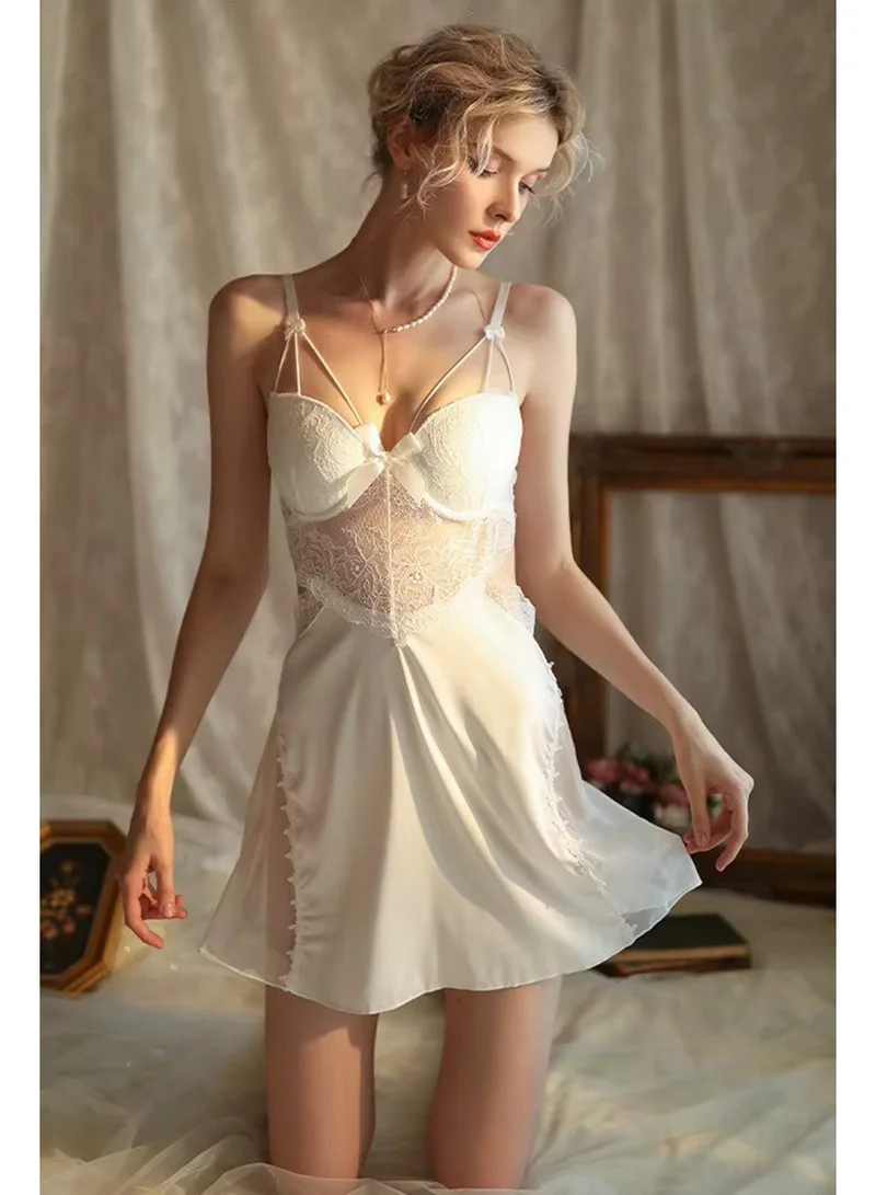 Caprisious Women's Silk Satin Nightgown Set - Elegant V-Neck, Lace Stripe Lingerie Sleepwear for Comfortable and Luxurious without Robe