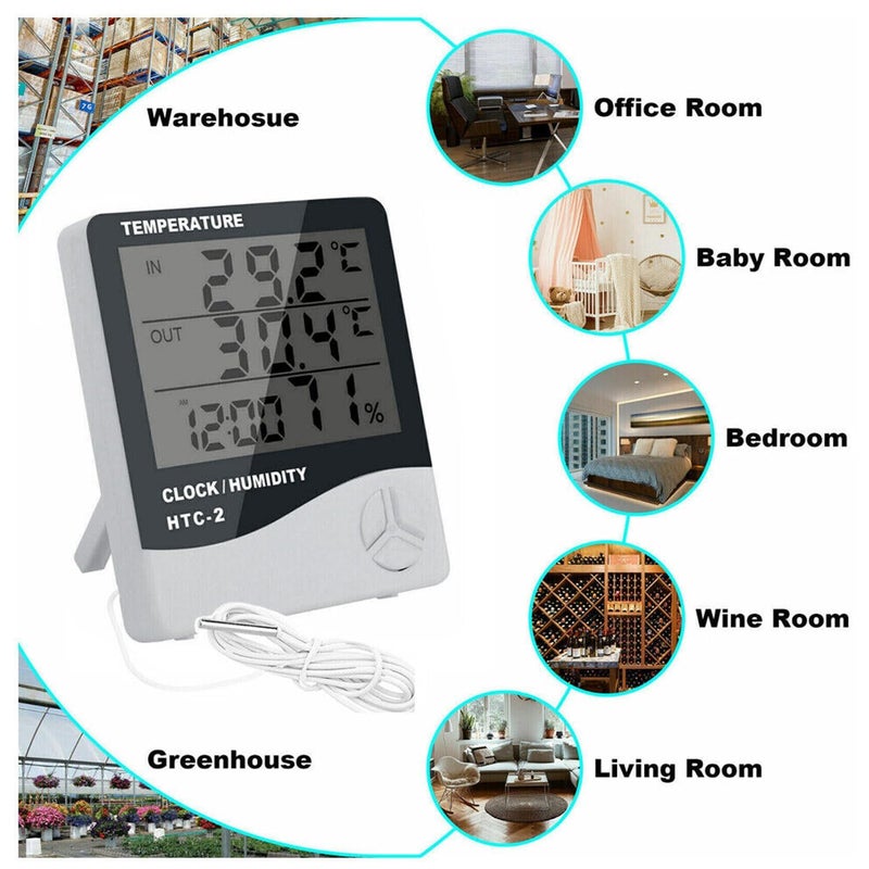 Dr. Care ترمومتر غرفة HTC-2 مع مقياس رطوبة وحاضنة ومؤشر دقيق لدرجة الحرارة مع شاشة LCD للتثبيت على الحائط لمراقبة داخلية/خارجية (أبيض) (HTC-2) - Image 3