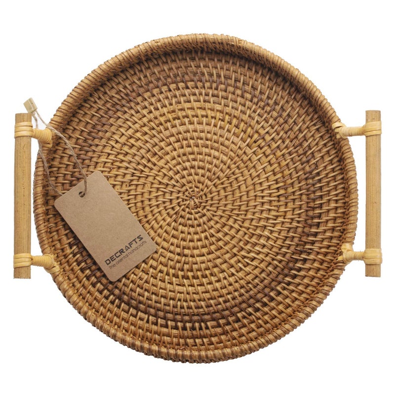 DECRAFTS Round Rattan Tray Woven Bread Basket with Handles Small Cracker Tray for Serving Dinner Parties Coffee Table Tea Natural 11 inches Diameter