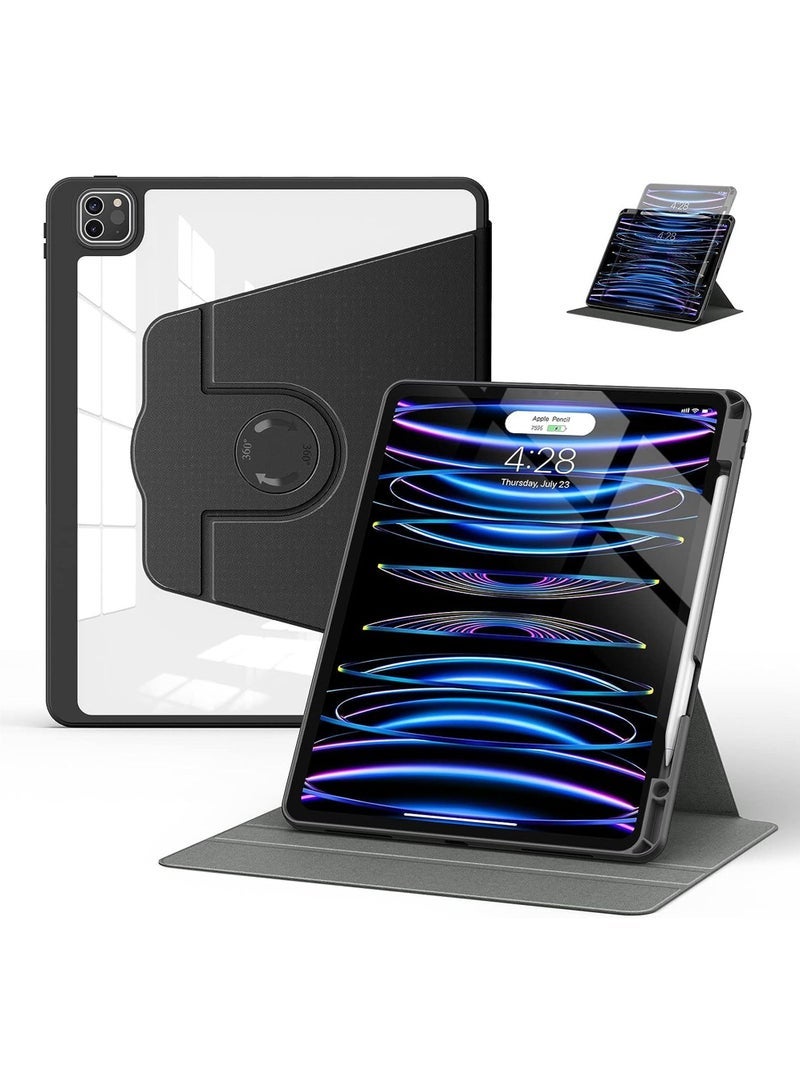كابتن تيك حافظة دوارة هجينة لجهاز iPad Pro 12.9 بوصة (الجيل السادس/الخامس/الرابع/الجيل الثالث 2022/2021/2020/2018) - حامل دوار 360 درجة + حامل قلم رصاص + غطاء خلفي شفاف مقاوم للصدمات للنوم/الاستيقاظ التلقائي - Image 1