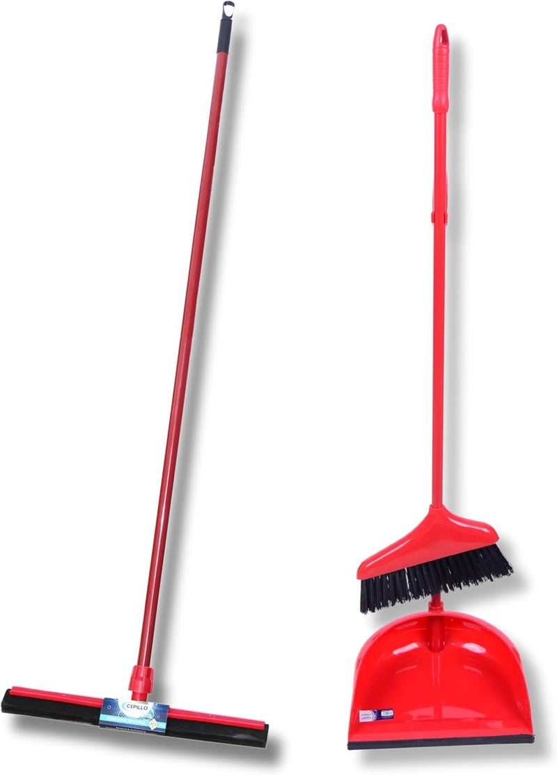 CEPILLO Complete Cleaning Set: Long Handle Dustpan, Broom Brush, and Floor Wiper 45cm - Multipurpose for Home, Kitchen, Bathroom, Office, Lobby - Red (Set of 2) - CP620+CP608 - Image 1