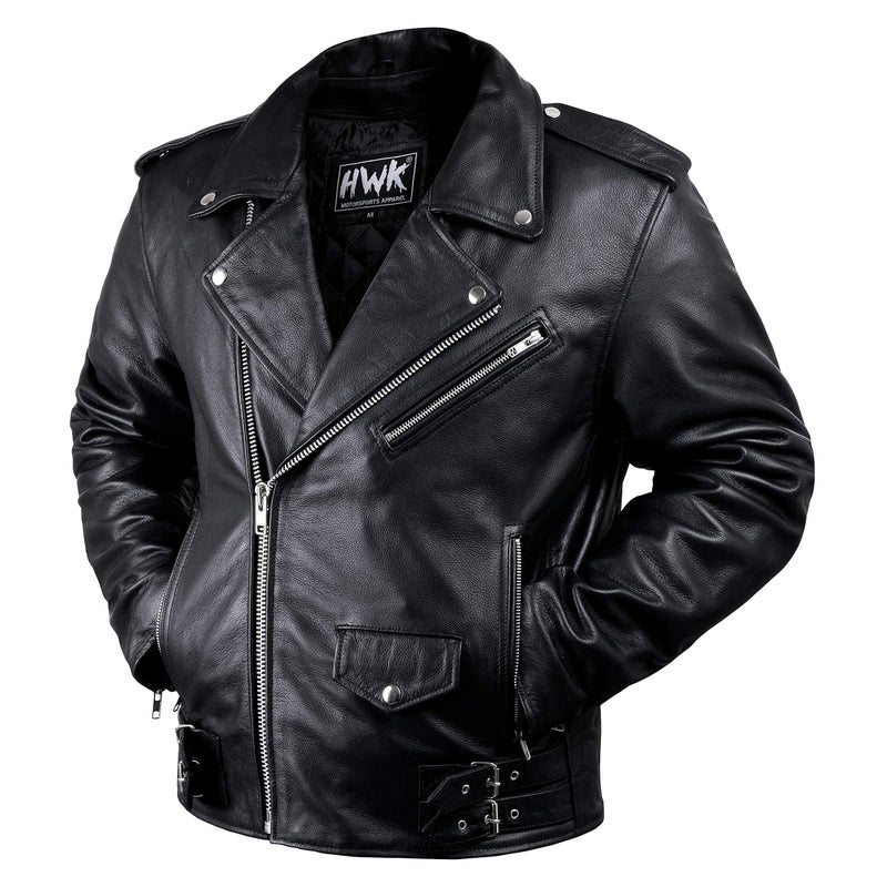HWK Brando Black Leather Motorcycle Jacket for Men - Comfy Vintage Style with CE Armor, Thermal Lining, Water Resistant for All-Weather Riding - X-Large - Image 1