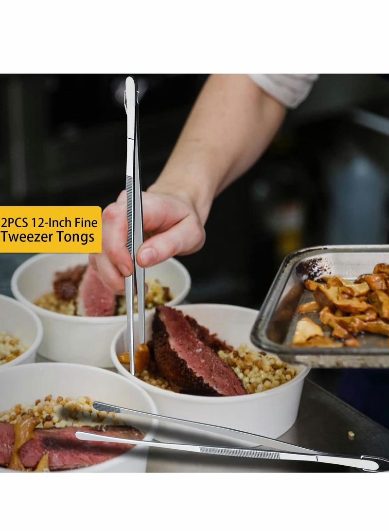 SYOSI Cooking Tweezer Tongs, Stainless Steel 12" Kitchen Pointed Round Head Tweezers with Precision Serrations for Baking Decor, Kitchen Cooking, Grilling Seafood (2 Pcs) - Image 3