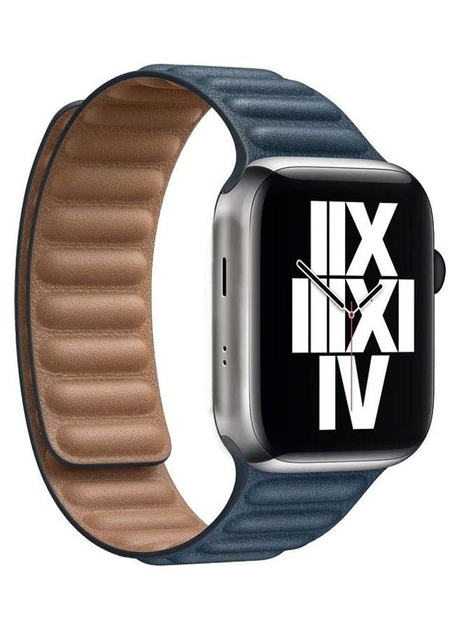 Watch Band Compatible with Apple Watch Series 7 6 5 4 3 2 1, Durable Magnetic Genuine Leather Strap Compatible for Watch Band Size 42mm 44mm 45mm(Blue/Brown) Navy Blue - Image 1