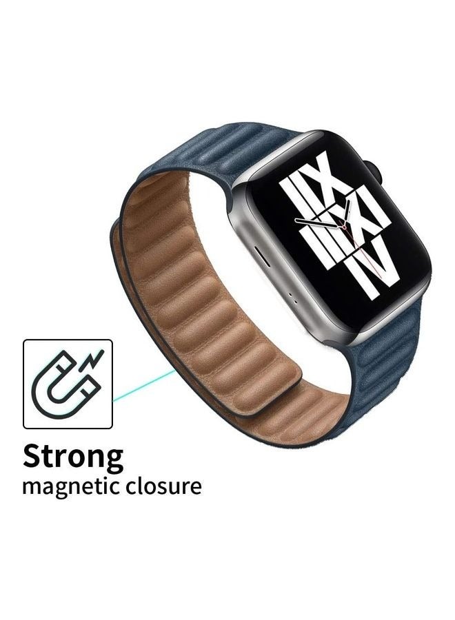 Watch Band Compatible with Apple Watch Series 7 6 5 4 3 2 1, Durable Magnetic Genuine Leather Strap Compatible for Watch Band Size 42mm 44mm 45mm(Blue/Brown) Navy Blue - Image 4