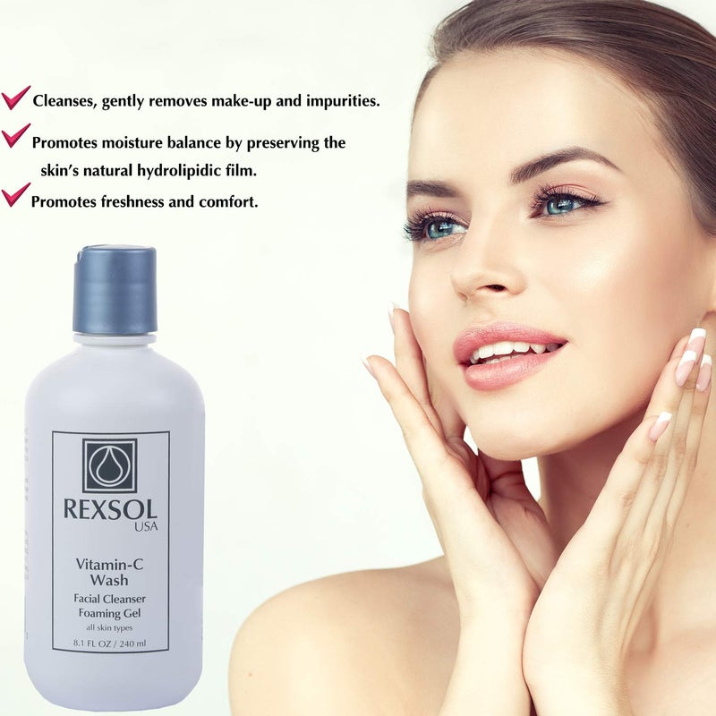 REXSOL غسول وجه رغوي فيتامين سي من ركسول | منظف مضاد للشيخوخة للبشرة الحساسة | منظف وجه يومي طبيعي مع فيتامينات A و E - 8.1 أونصة - Image 3