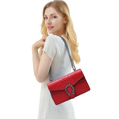 DEEPMEOW Crossbody Shoulder Evening Bag for Women - Snake Printed Leather Messenger Bag Chain Strap Clutch Small Square Satchel Purse（Red） - Image 2