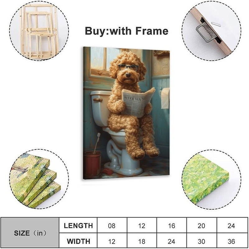 Funny Bathroom Wall Art Goldendoodle on toilet Reading newspaper Humor Animal Poster Picture Canvas Print For Dog Lovers Restroom ideas Decor 8x12inch Framed  - Image 1