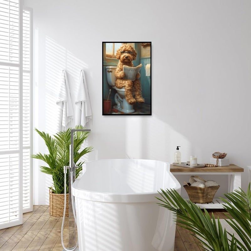 Funny Bathroom Wall Art Goldendoodle on toilet Reading newspaper Humor Animal Poster Picture Canvas Print For Dog Lovers Restroom ideas Decor 8x12inch Framed  - Image 3