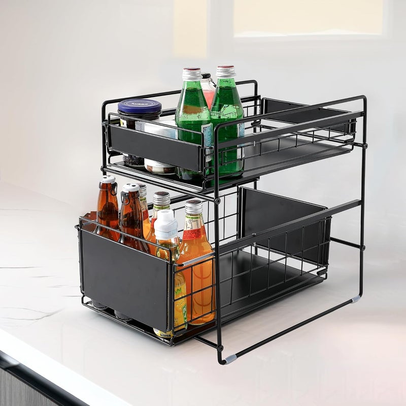 Urbane Home Urbane Home Iron 2 Tier Corner Stand for Kitchen Counter Top with Wheels Bathroom Cosmetic Kitchen Organiser Rack Shelf Countertop Tabletop Tiered Shelf Black 