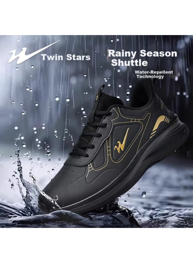 Shuangxing Men's Sports Shoes Spring Leather Waterproof Casual Running Durable Black Gold 39 - Image 1