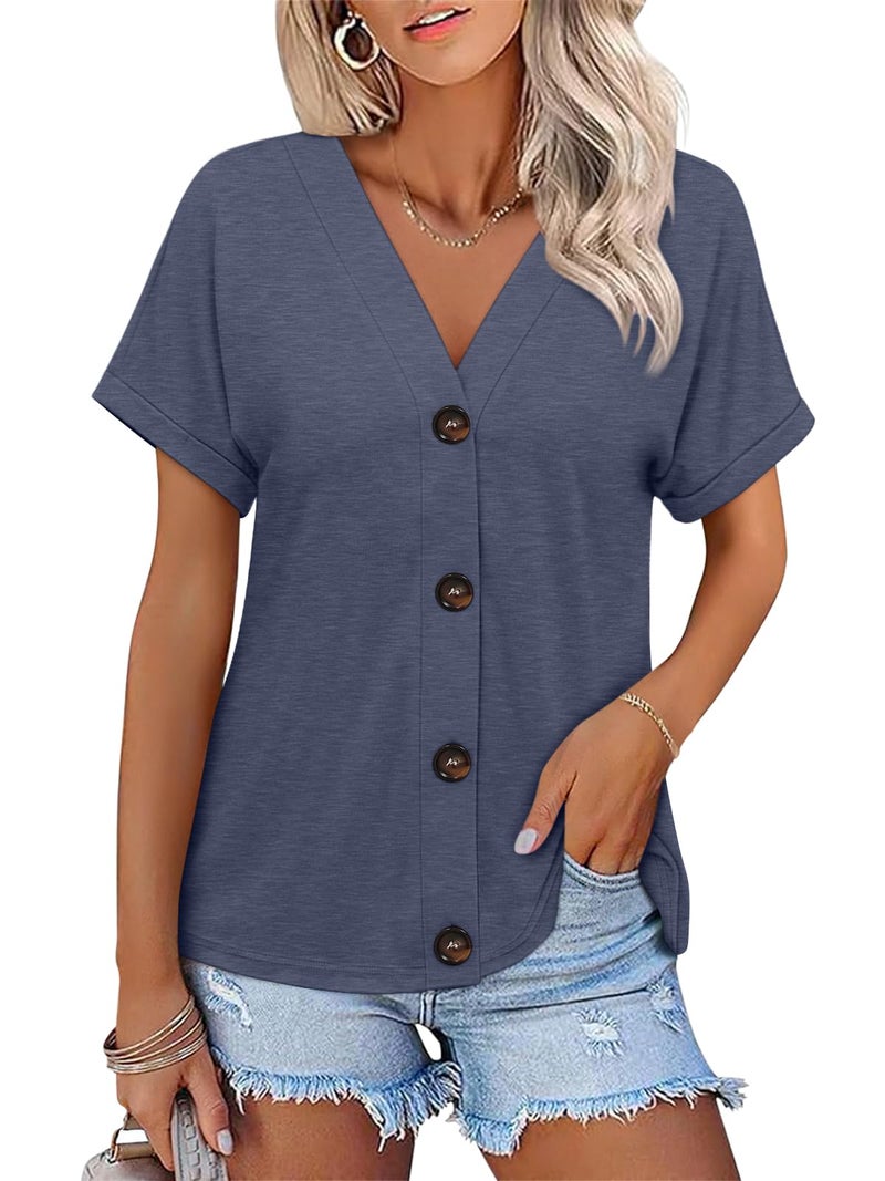 TICTICMISS Womens Summer Tops Short Sleeve Button Down Shirts Casual V Neck T Shirts Trendy Tunic Tops Navy Blue - Image 1