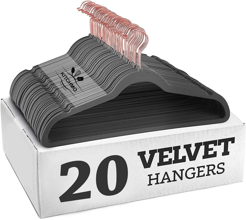 KITCHMO- Premium Velvet Hangers Non Slip Velvet Suit Hangers Rose Gold Hooks,Space Saving Clothes Hangers Velvet Hangers Non-Slip 360 Degree Swivel Hook Clothes Hangers Velvet (Grey, Pack of 20) - Image 1
