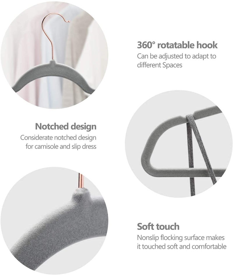 KITCHMO- Premium Velvet Hangers Non Slip Velvet Suit Hangers Rose Gold Hooks,Space Saving Clothes Hangers Velvet Hangers Non-Slip 360 Degree Swivel Hook Clothes Hangers Velvet (Grey, Pack of 20) - Image 4