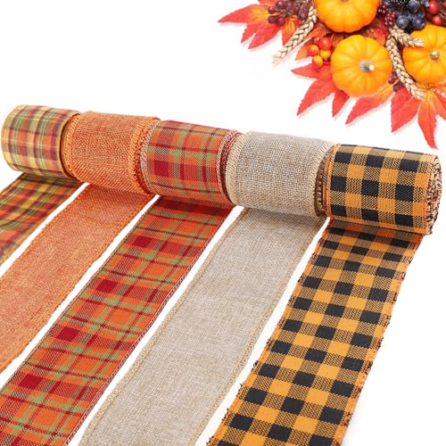 PAMASE 5 Colors Burlap Ribbon Wired Total 273 Yards Plaid Ribbon for Gift Wrapping Rustic Holiday Crafts Decorations Wreath Bows Making 24 Wide - Image 1