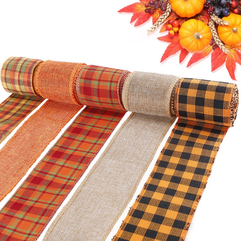 PAMASE 5 Colors Burlap Ribbon Wired Total 273 Yards Plaid Ribbon for Gift Wrapping Rustic Holiday Crafts Decorations Wreath Bows Making 24 Wide - Image 3