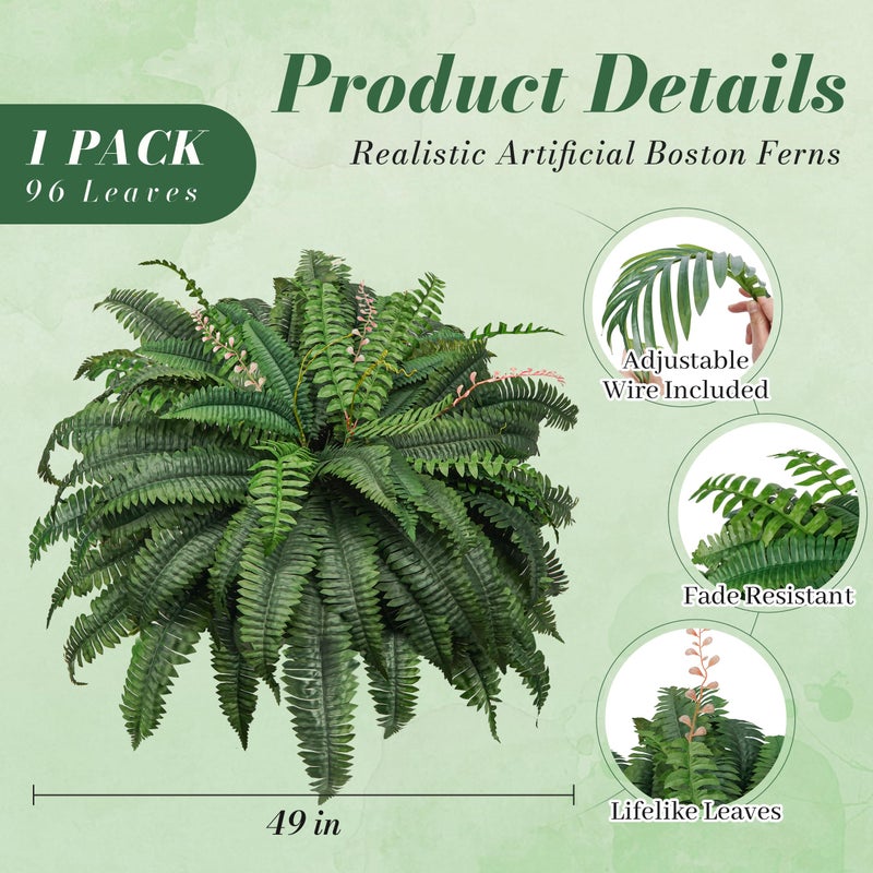 Der Rose 49 inch 96 Leaves Fake Ferns Large, UV Resistant Artificial Plants Outdoors Faux Boston Fern Plants for Porch Home Patio Hanging Decor - Image 3