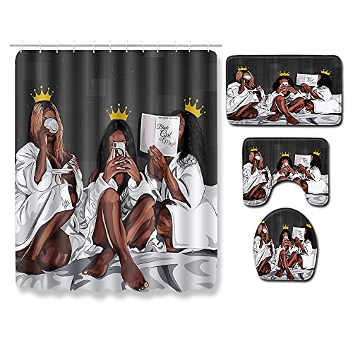 DDS-DUDES 4Pcs African American Black Women Waterproof Shower Curtain Sets for Bathroom with Non Slip Rugs, Toilet Cover and Bath Mat, 12 Plastic Hooks (Queen) - Image 2