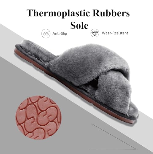 Crazy Lady Women's Fuzzy Fluffy House Slippers Cute Plush Memory Foam Shoes Cross Band Indoor Outdoor Open Toe Sandals(06/Grey, 5.5-6.5) - Image 3