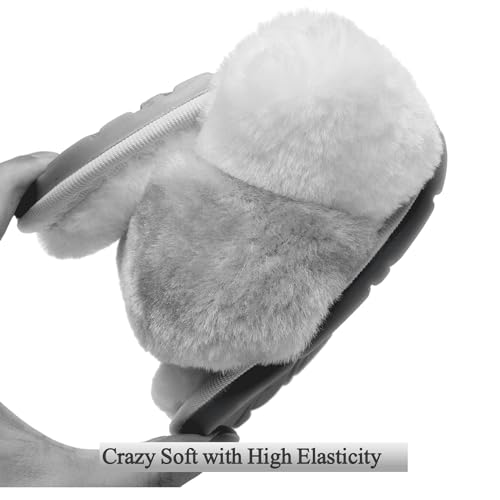 Crazy Lady Women's Fuzzy Fluffy House Slippers Cute Plush Memory Foam Shoes Cross Band Indoor Outdoor Open Toe Sandals(06/Grey, 5.5-6.5) - Image 5