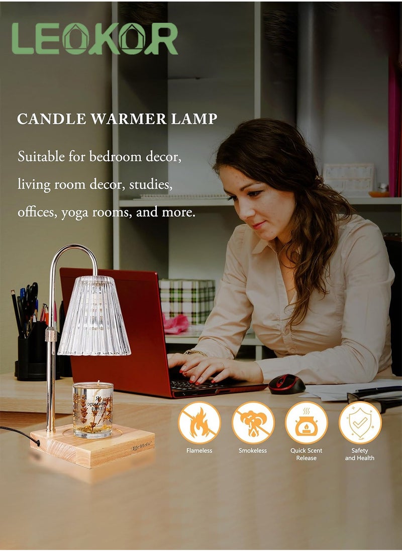 LEOKOR - Candle Warmer Lamp, Dimmable Candle Warmer with Timer 2 Bulbs, Height Adjustable Vintage Scented Candles Lamp with Wood Base Glass Head - Image 1