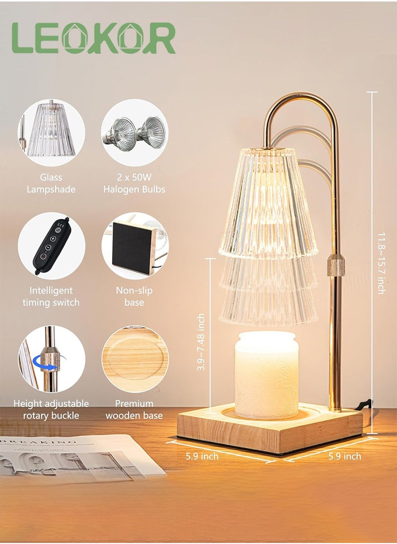 LEOKOR - Candle Warmer Lamp, Dimmable Candle Warmer with Timer 2 Bulbs, Height Adjustable Vintage Scented Candles Lamp with Wood Base Glass Head - Image 1