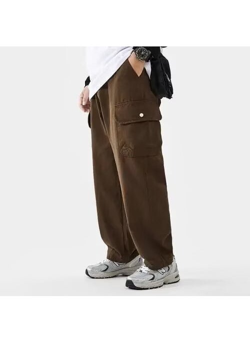 Generic - Japanese Style Solid Color Straight-Leg Cargo Pants For Men Trendy Brand Hong Kong Style Loose-Fit Mens Pants With Pocket Brown - Image 1