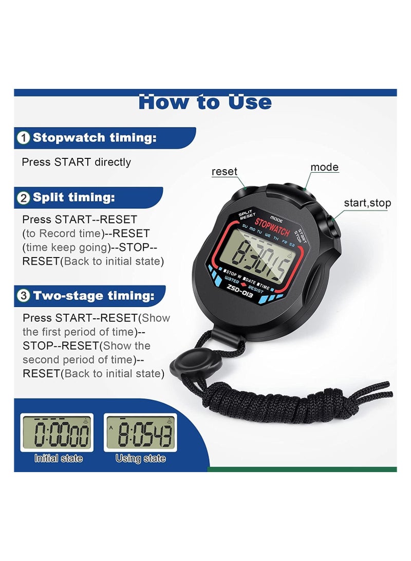 2Pcs Professional Digital Stopwatch Timer, Multifunction Electronic Digital Sport Stopwatch, Handheld LCD Chronograph Waterproof Stopwatch with Date, Time and Alarm Function for Sport Coache and Ref - Image 2