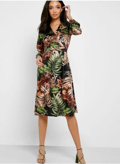 ELLA Printed Wrap Front Midi Dress
