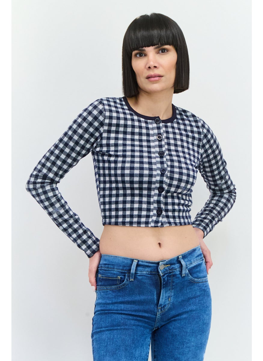 Women Round Neck Long Sleeves Gingham Pattern Blouse, Navy - pzsku/Z1C62A5246F7AA406E7AEZ/45/_/1738074206/5340640a-9126-4ae2-8016-618513a7a859