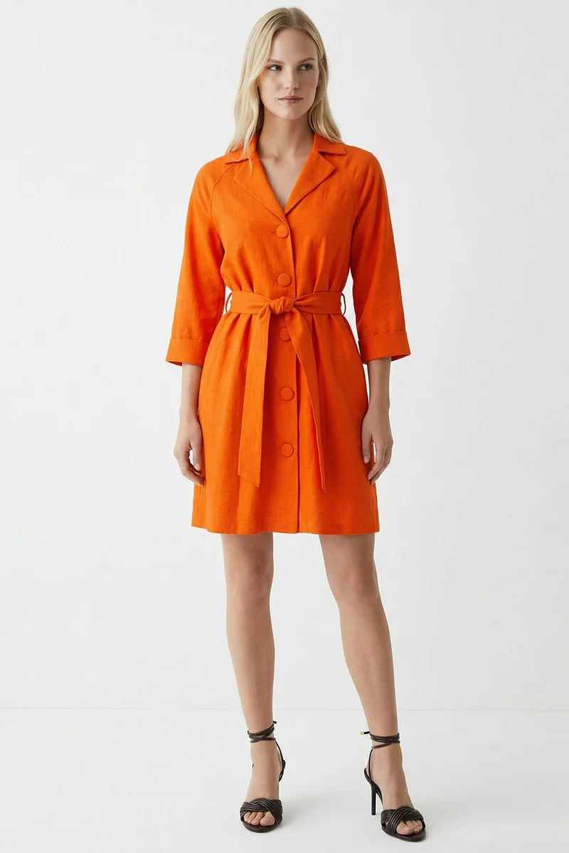 EXQUISE One-Button Truvakar Sleeve Linen Dress