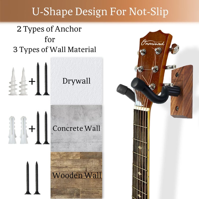 Onmiwod Guitar Wall Mount, Black Walnut Wood Guitar Hanger, U-Shaped Guitar Wall Hanger Mount, Guitar Holder Hook Stand Wall for Acoustic, Electric Guitar, Banjo, Bass, for Guitar Player Men Boy - Image 5