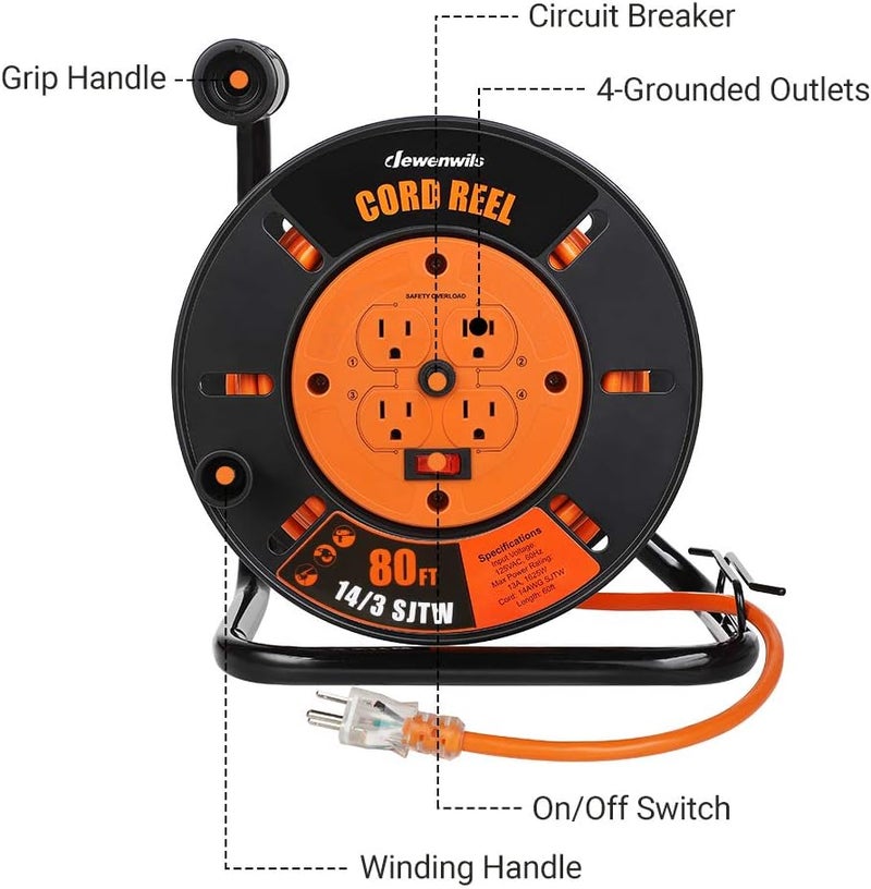 DEWENWILS Retractable Extension Cord Reel, 80FT Heavy Duty Open Cord Reel for Indoor Outdoor, 14/3 AWG SJTW, 4 Grounded Outlets, 13 Amp Circuit Breaker,Handle Rewind, Metal Stand, ETL Listed - Image 3