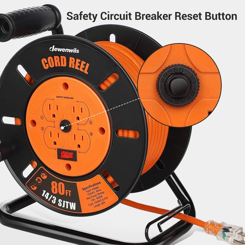 DEWENWILS Retractable Extension Cord Reel, 80FT Heavy Duty Open Cord Reel for Indoor Outdoor, 14/3 AWG SJTW, 4 Grounded Outlets, 13 Amp Circuit Breaker,Handle Rewind, Metal Stand, ETL Listed - Image 5