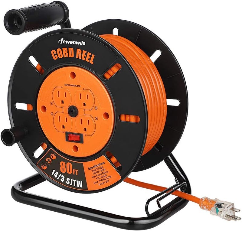 DEWENWILS Retractable Extension Cord Reel, 80FT Heavy Duty Open Cord Reel for Indoor Outdoor, 14/3 AWG SJTW, 4 Grounded Outlets, 13 Amp Circuit Breaker,Handle Rewind, Metal Stand, ETL Listed - Image 1