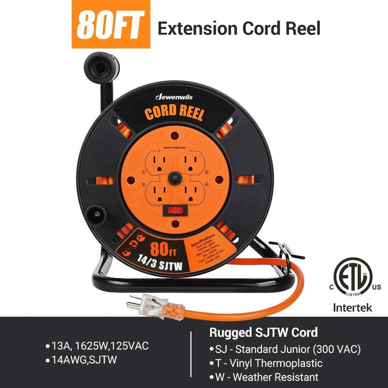 DEWENWILS Retractable Extension Cord Reel, 80FT Heavy Duty Open Cord Reel for Indoor Outdoor, 14/3 AWG SJTW, 4 Grounded Outlets, 13 Amp Circuit Breaker,Handle Rewind, Metal Stand, ETL Listed - Image 2