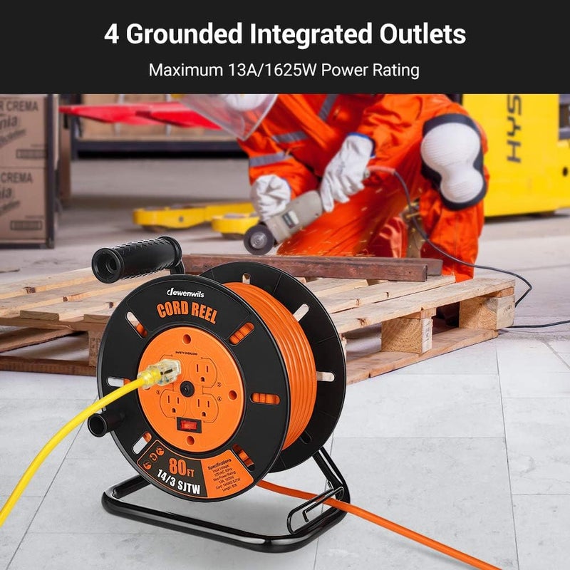 DEWENWILS Retractable Extension Cord Reel, 80FT Heavy Duty Open Cord Reel for Indoor Outdoor, 14/3 AWG SJTW, 4 Grounded Outlets, 13 Amp Circuit Breaker,Handle Rewind, Metal Stand, ETL Listed - Image 4