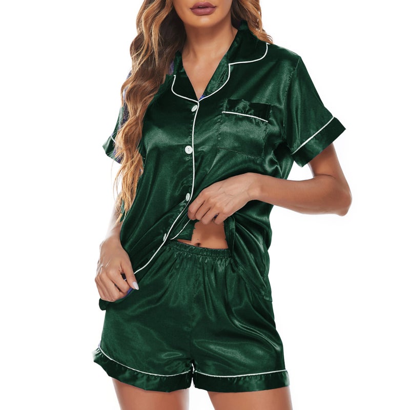 Women Pajamas Set Short Sleeve Notched Collar Button Down Satin Pjs Sleepwear - Image 3