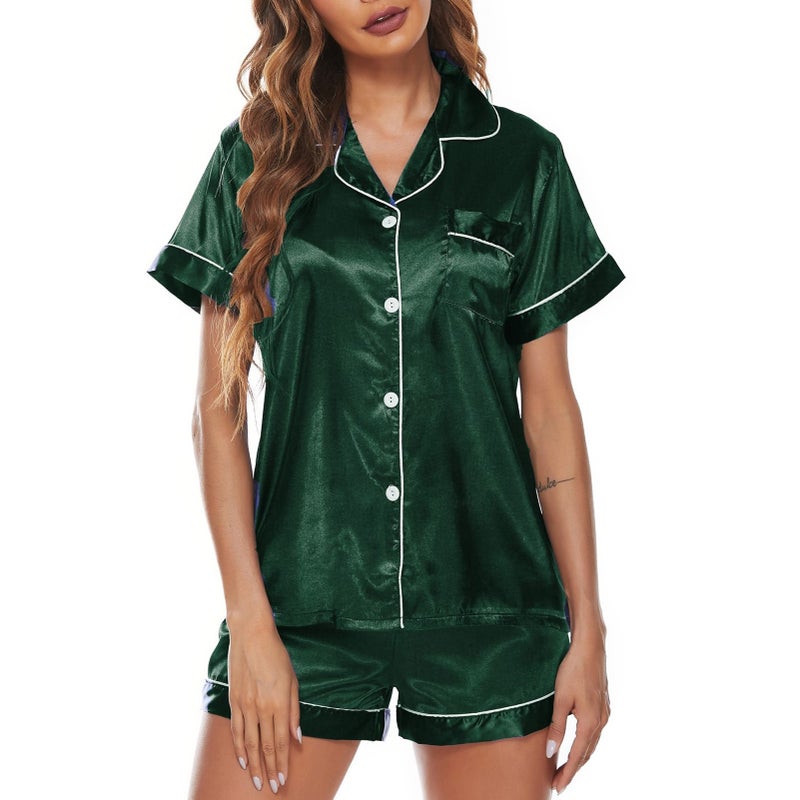 Women Pajamas Set Short Sleeve Notched Collar Button Down Satin Pjs Sleepwear - Image 1
