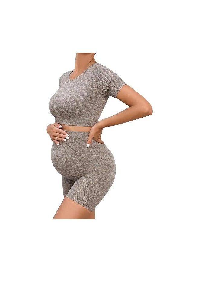 2 Piece Short Sleeve Maternity Outfits for Women Seamless Crop Tops with Over The Belly Pregnancy Yoga Shorts  - Image 1