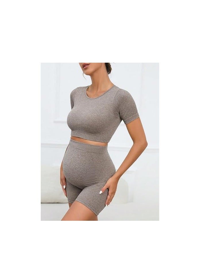 2 Piece Short Sleeve Maternity Outfits for Women Seamless Crop Tops with Over The Belly Pregnancy Yoga Shorts  - Image 5