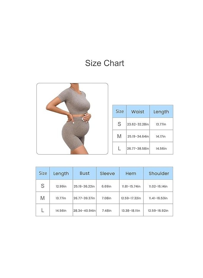 2 Piece Short Sleeve Maternity Outfits for Women Seamless Crop Tops with Over The Belly Pregnancy Yoga Shorts  - Image 2